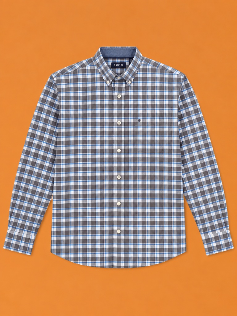 Izod Menâs Xl Plaid Button Down Shirt Blue Gray White Long Sleeve Classic Fit